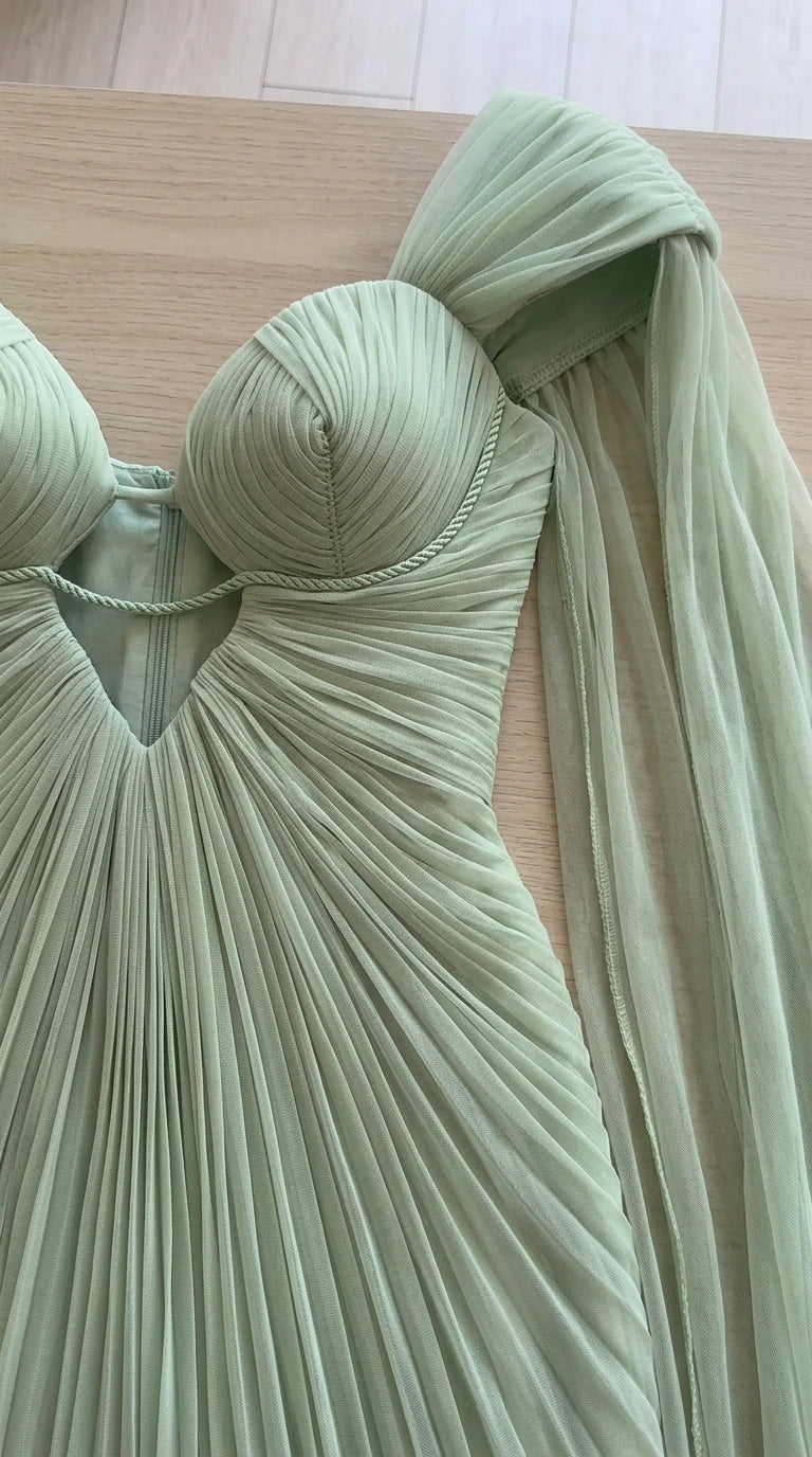 Close-up detail of Sage Green pleated sweetheart bodice with cutout