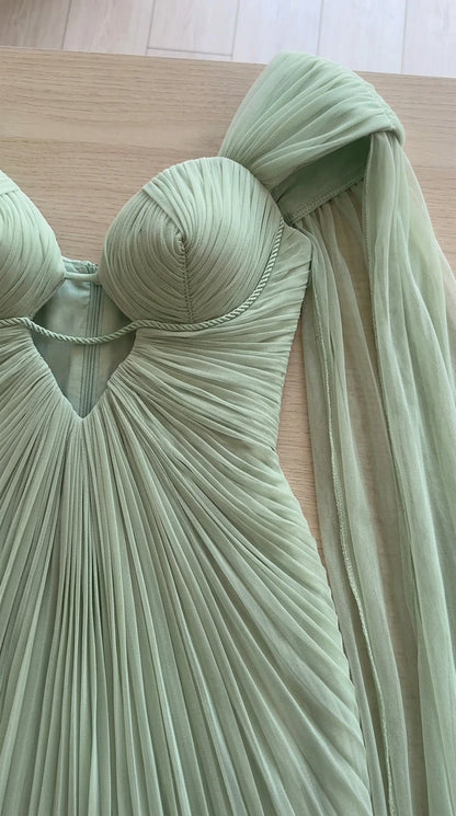 Close-up detail of Sage Green pleated sweetheart bodice with cutout