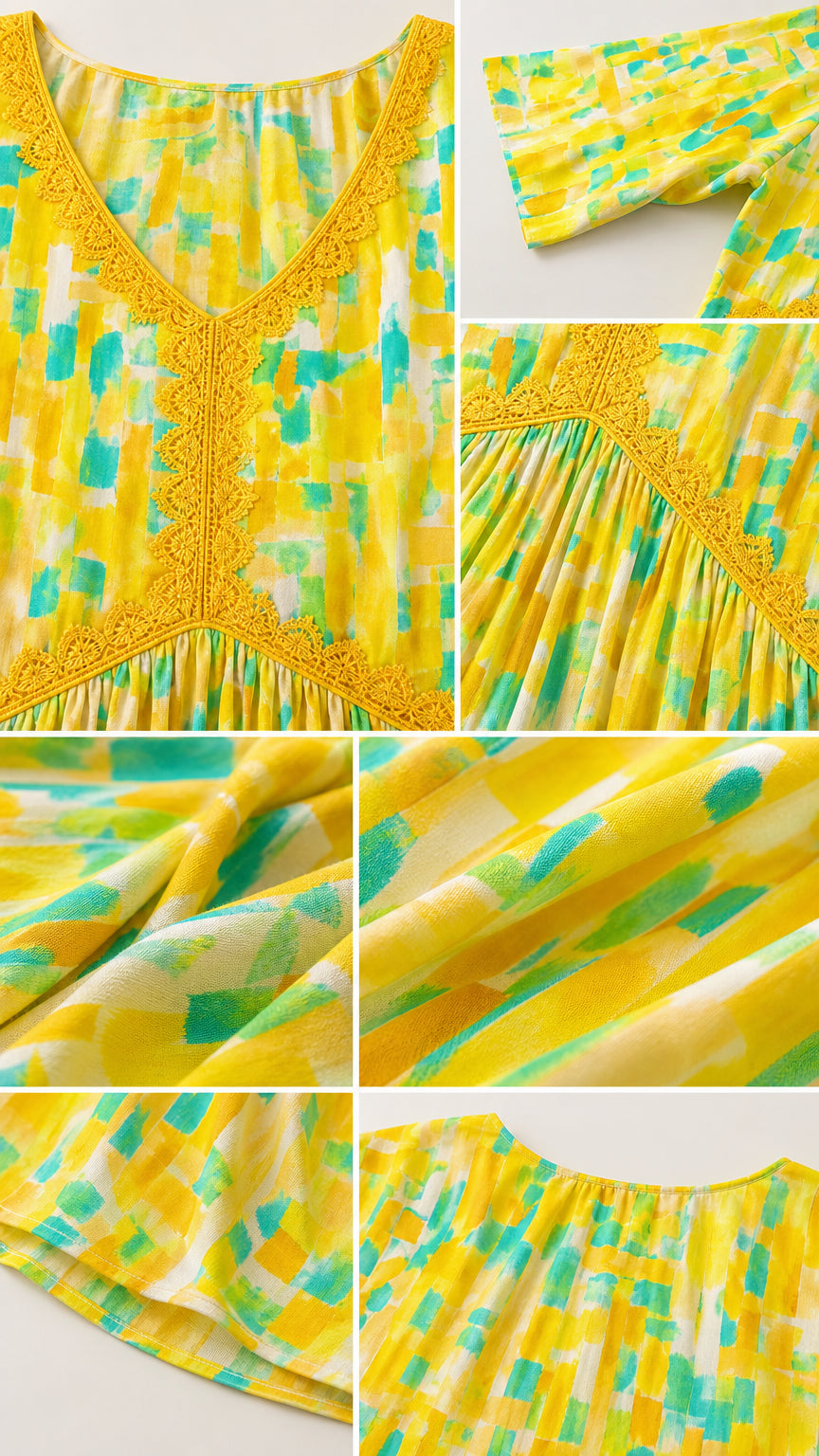 Close-up detail collage showing lace V-neck trim, fabric drape, and sleeve finish