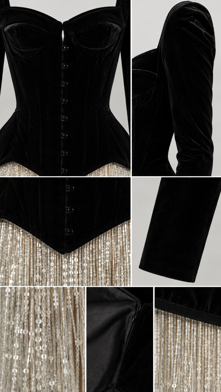 Close-up details of velvet corset bodice, hook fastenings, and sequin tassel fringe
