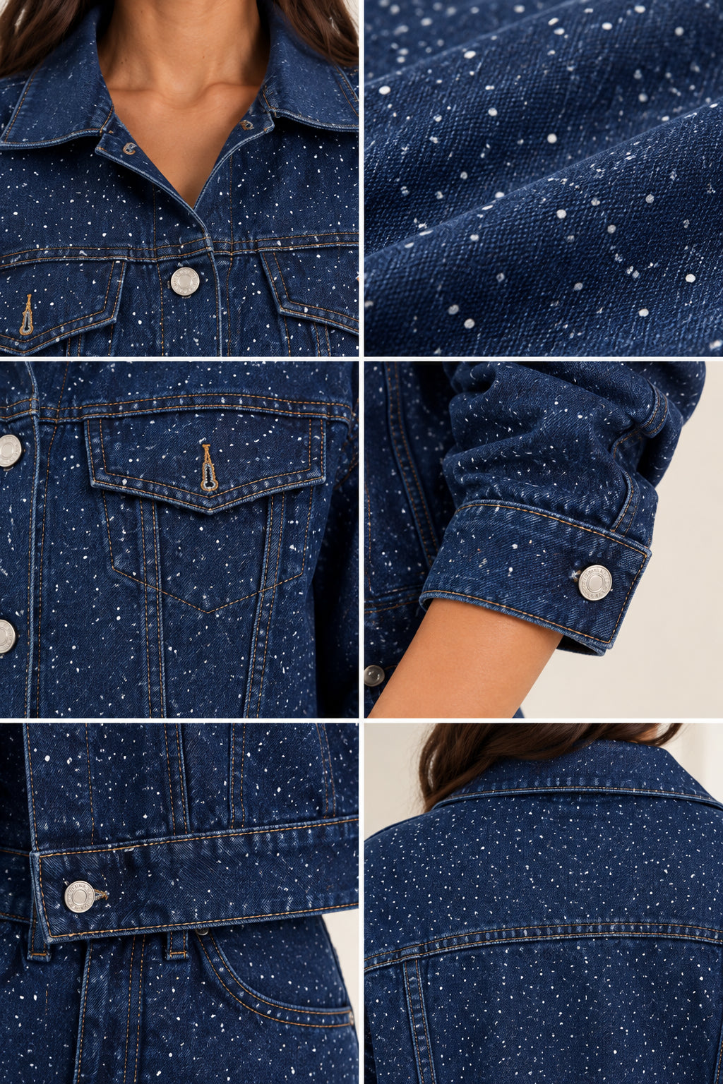 Detailed close-up of collar, rhinestone studs, pocket, and sleeve cuff on dark blue denim