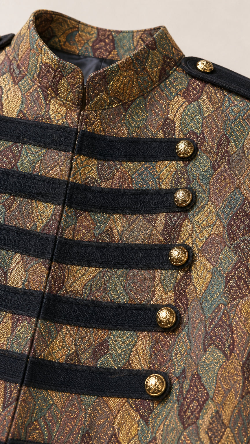 Close-up detail of Bronze Multi woven jacquard fabric, black braided trim, and gold dome buttons