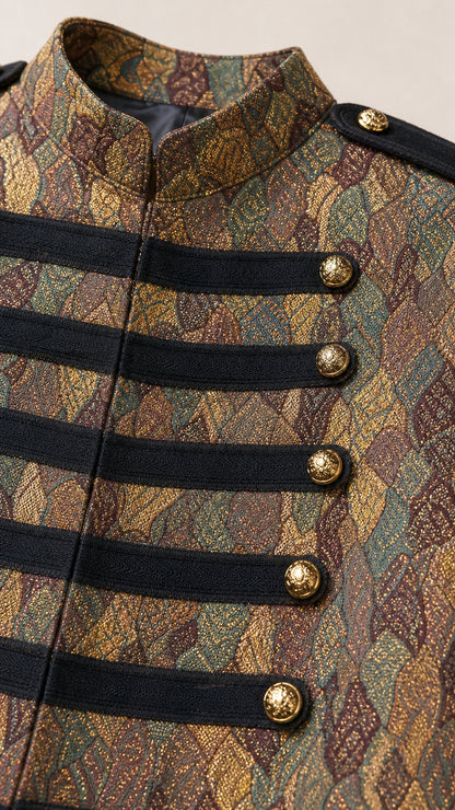 Close-up detail of Bronze Multi woven jacquard fabric, black braided trim, and gold dome buttons