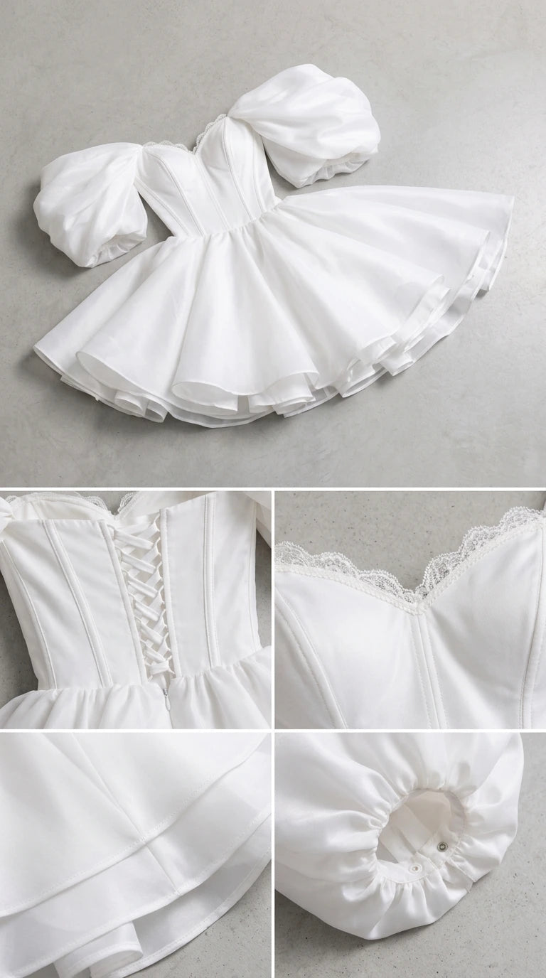 Product flat lay and detail views of white corset bodice, lace trim, and puff sleeves