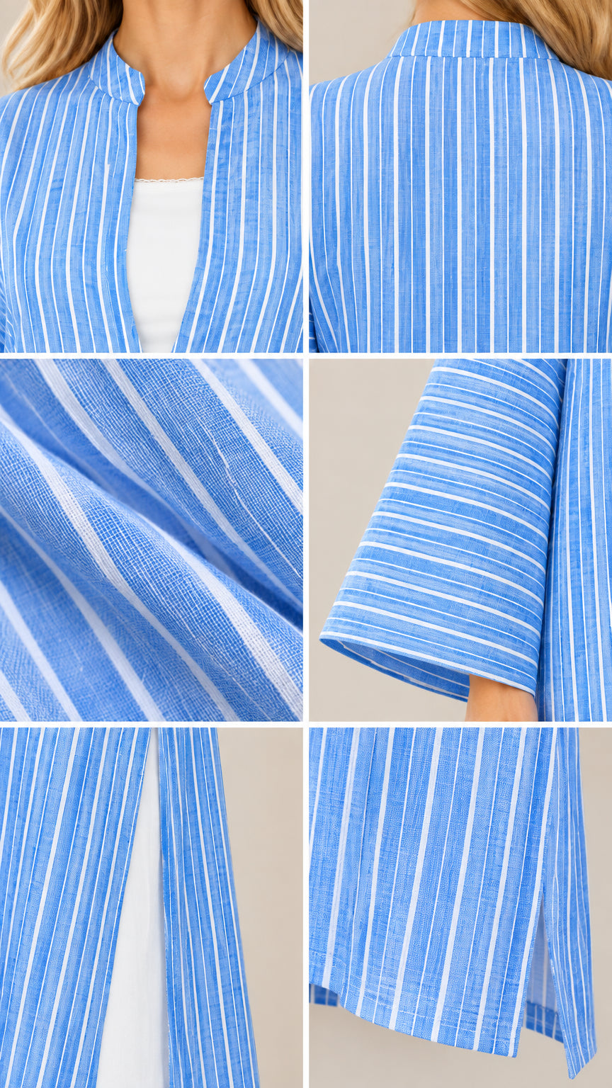 Close-up details of striped fabric, split neckline, and sleeve cuff