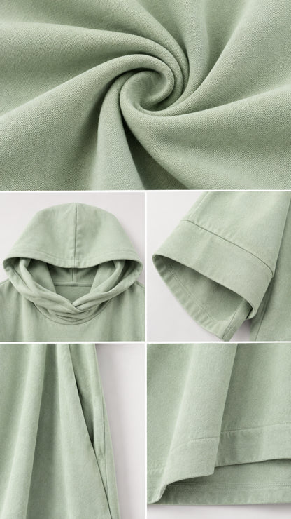Close-up detail collage of sage green fabric texture, hood, pocket, and tiered hem