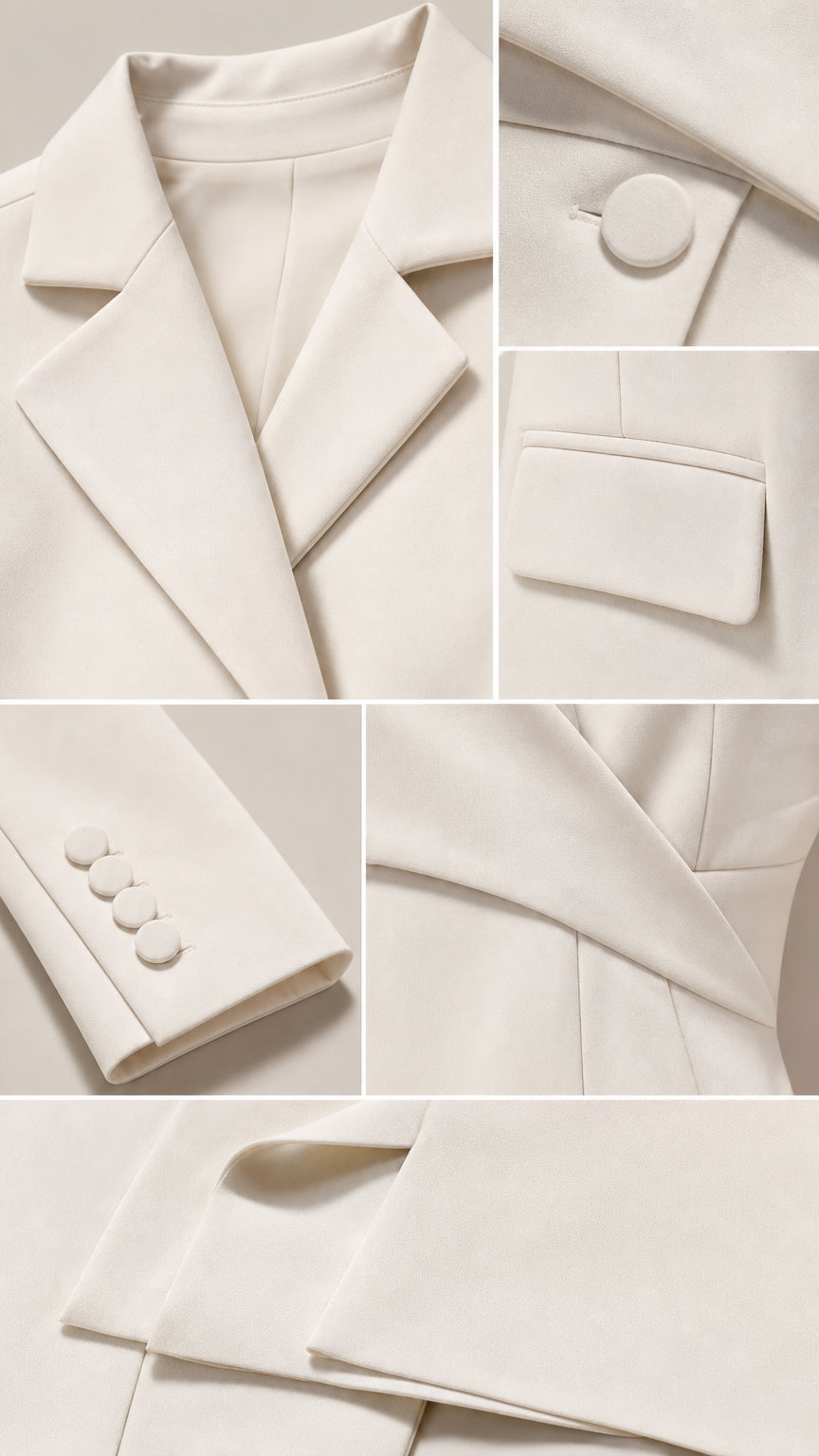 Close-up details of white blazer notched lapel, covered button, and flap pocket