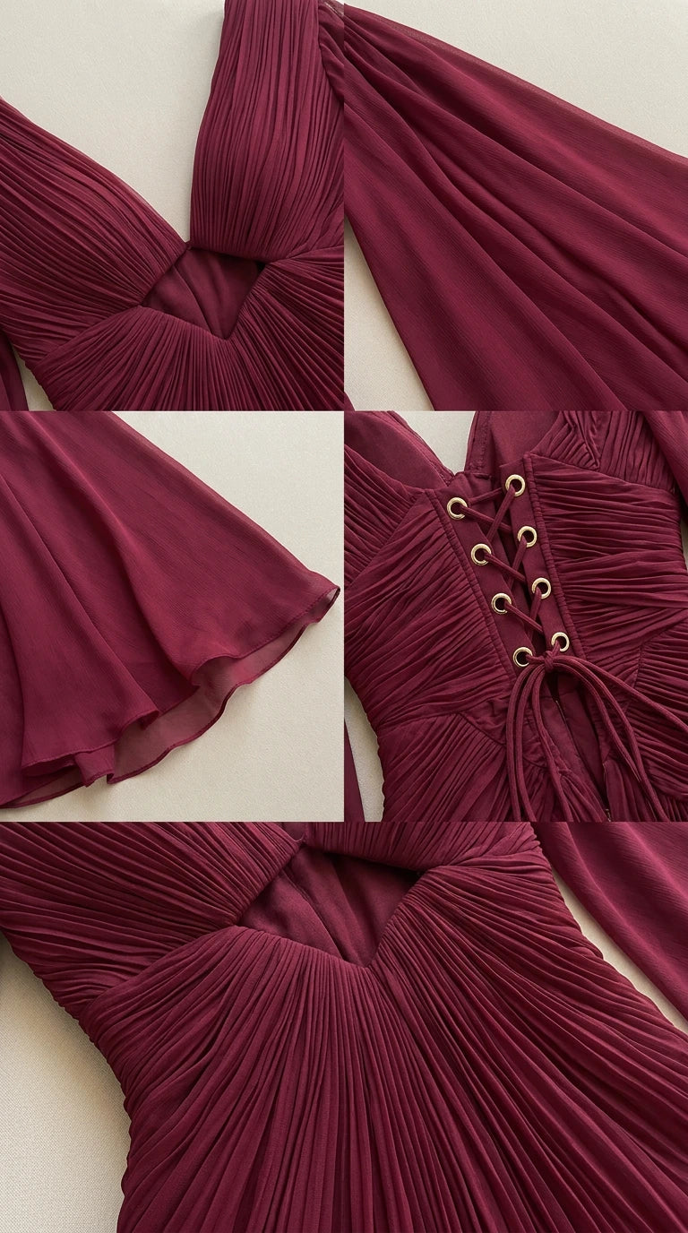 Close-up detail collage of pleated bodice, corset back, and flowing sleeves