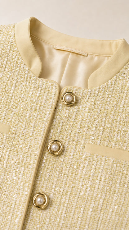 Close-up detail of light yellow woven tweed texture, lining, and pearl buttons