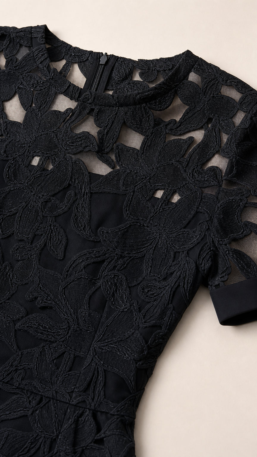 Close-up detail of sheer neckline and floral lace embroidery