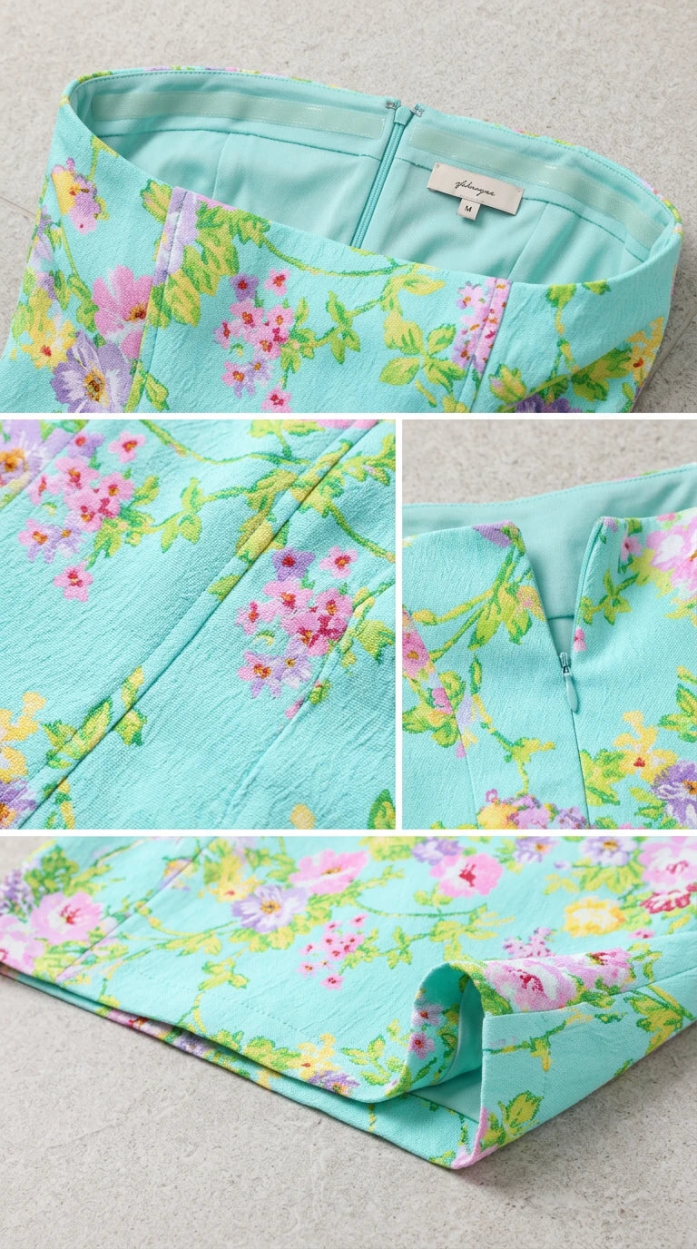 Close-up details of neckline, textured crepe fabric, zipper, and hem