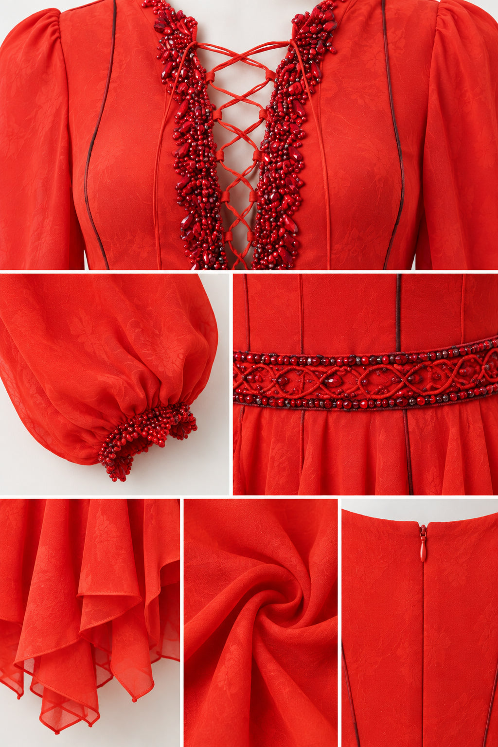 Close-up details of red dress beaded lace-up neckline, cuffs, and hem fabric