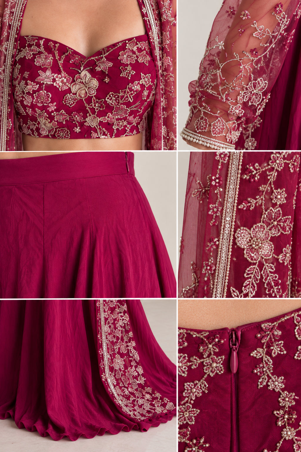 Close-up details of floral embroidery on bustier top, sheer sleeve, trouser waistband, and back zipper