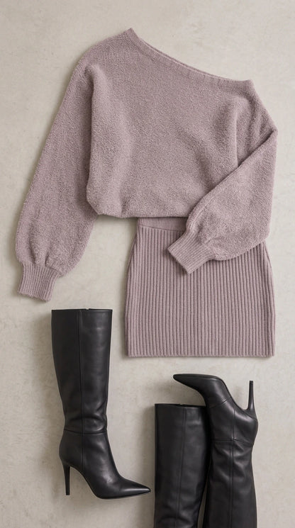 Flat lay of mauve one-shoulder knit sweater dress with black heeled boots