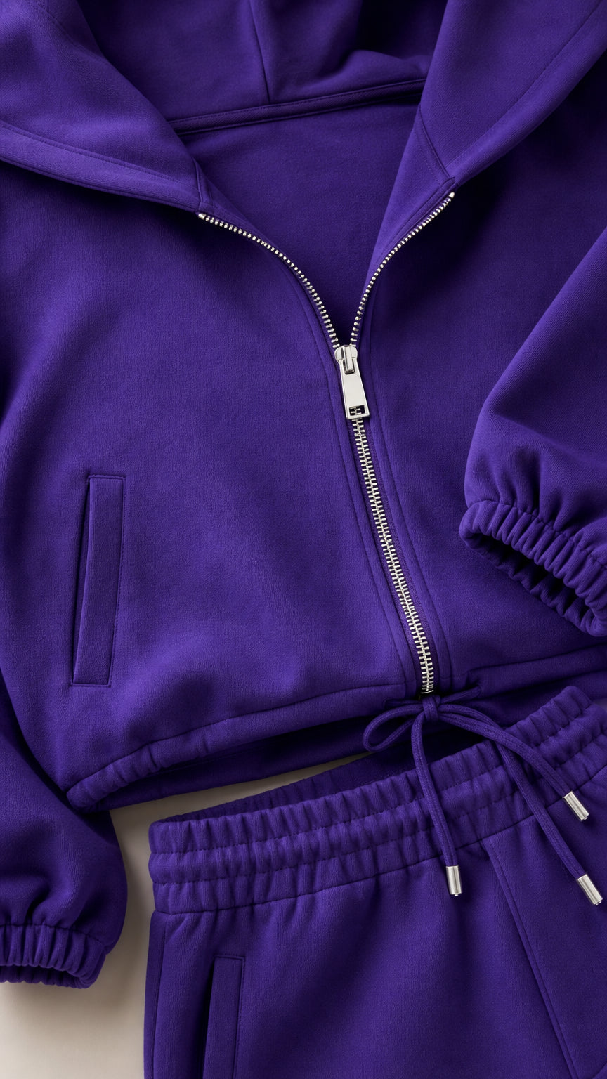 Close-up detail of purple zip-up hoodie zipper, pocket, and drawstring sweatpants waistband