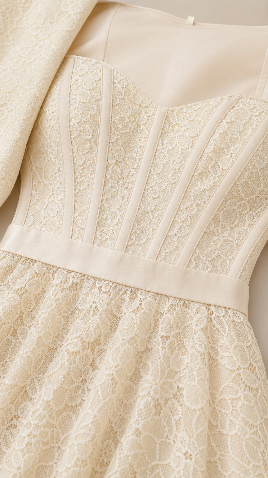 Close-up detail of sweetheart neckline and textured lace bodice