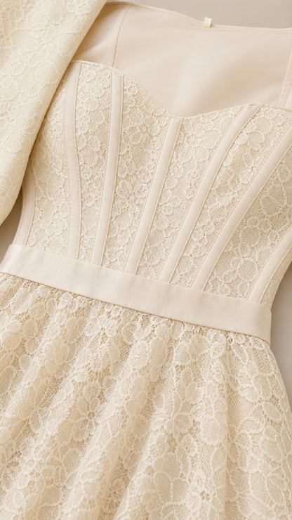 Close-up detail of sweetheart neckline and textured lace bodice