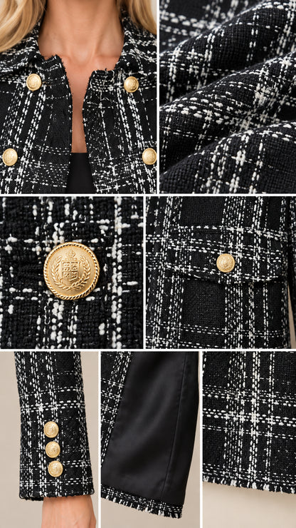 Close-up details of woven tweed fabric, embossed gold buttons, and inner lining
