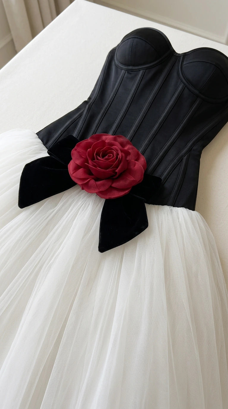 Close-up detail of black corset bodice, red rose appliqué, black bow, and white tulle skirt
