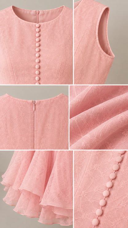 Close-up details of neckline, buttons, textured fabric, and layered hem