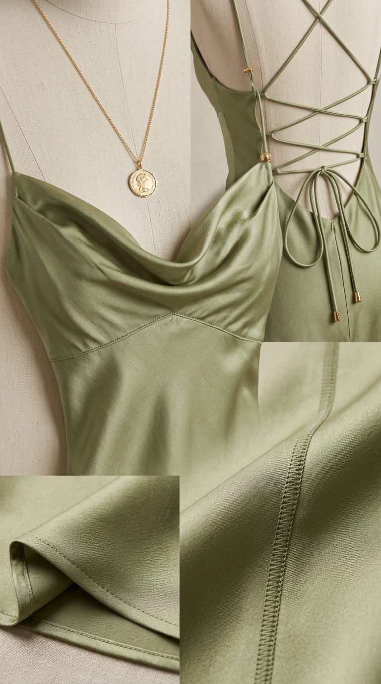 Close-up details of cowl neckline, lace-up back straps, and satin fabric finish