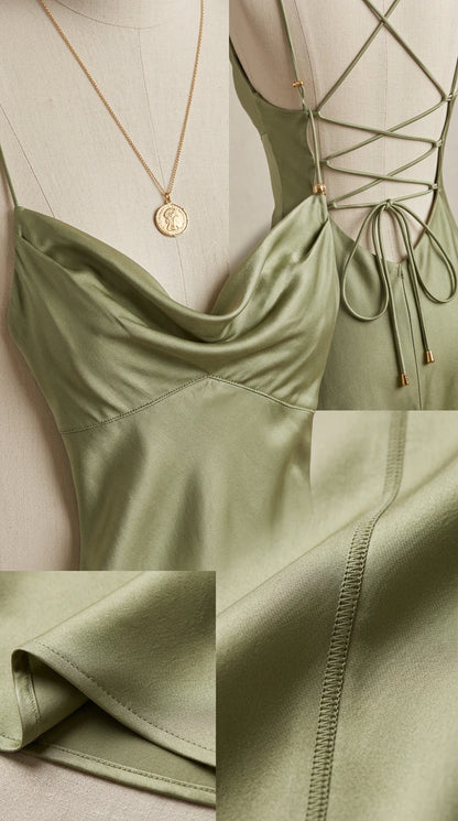 Close-up details of cowl neckline, lace-up back straps, and satin fabric finish