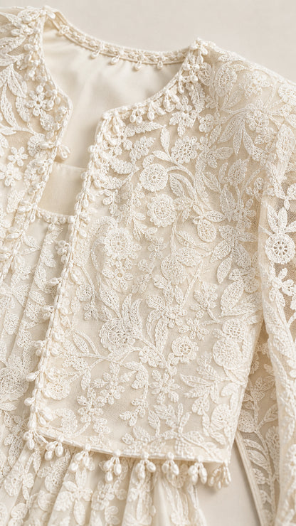 Close-up detail of ivory floral embroidered lace fabric and jacket trim