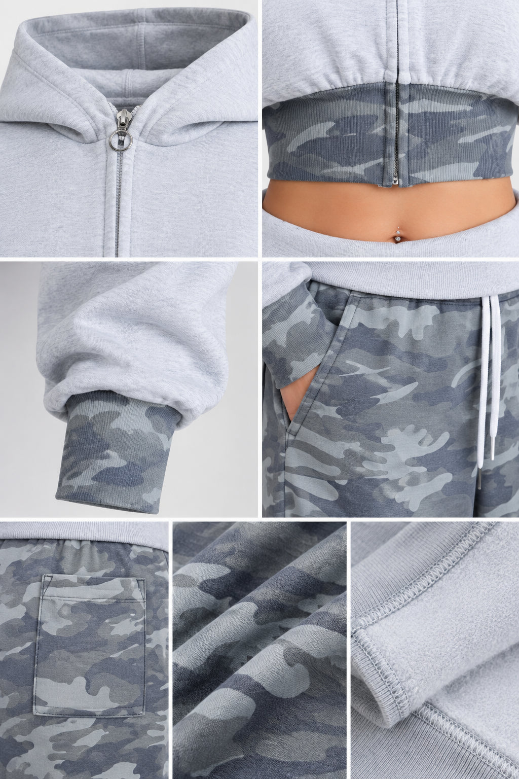 Detailed close-ups of zipper, waistband, pocket, and camo fleece fabric