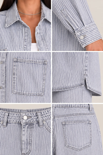 Close-up details of collar, button cuff, chest pocket, hem slit, and jean waistband