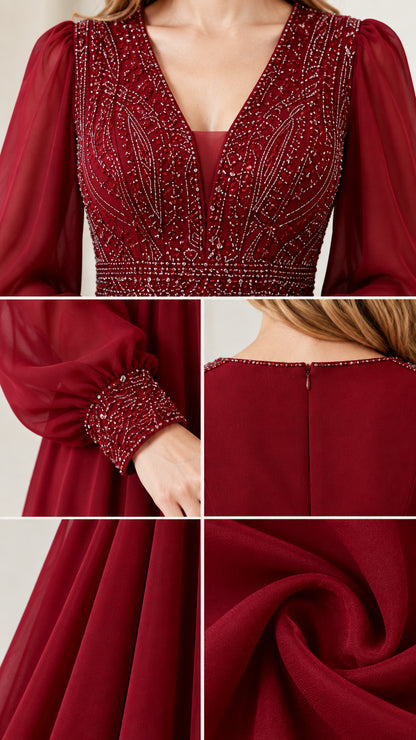 Close-up details of beaded V-neckline, embellished cuff, zipper, and flowing chiffon fabric