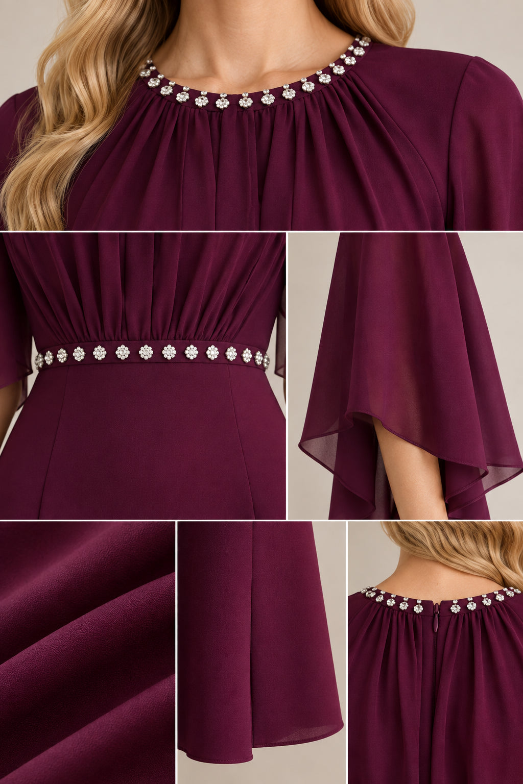 Close-up details of beaded neckline, waist trim, and sheer cape sleeve fabric