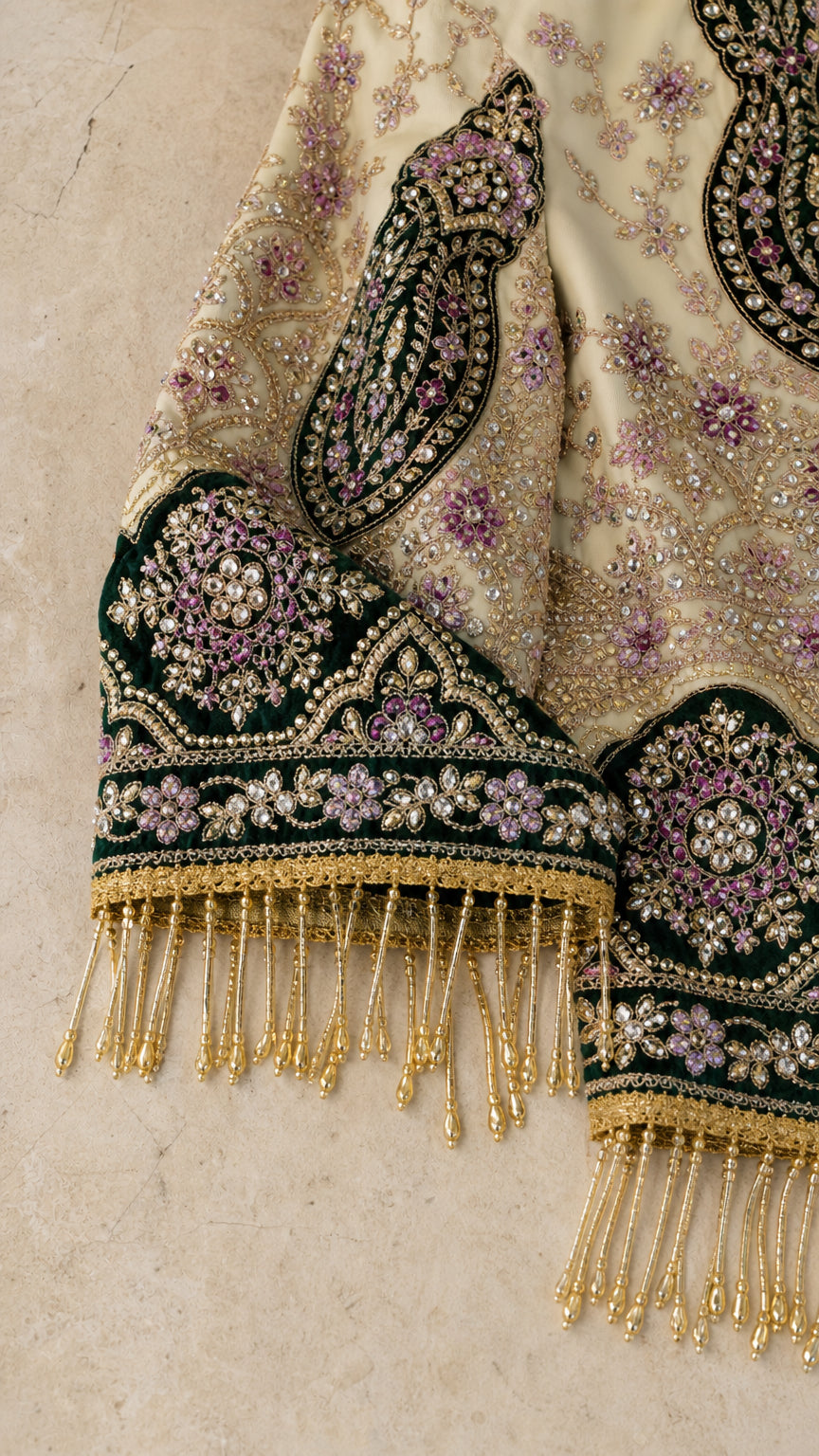 Close-up detailed view of intricate embroidery, beading, and hanging tassel fringe trim