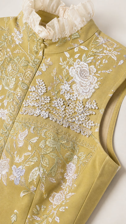 Close up of bodice embroidery and ruffled collar