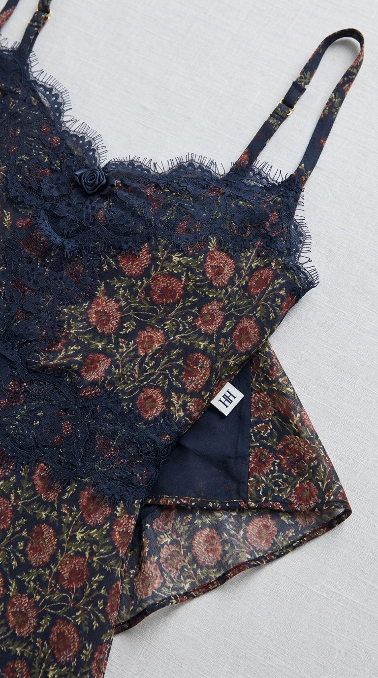 Close-up detail of lace neckline, adjustable straps, and inner lining on navy dress