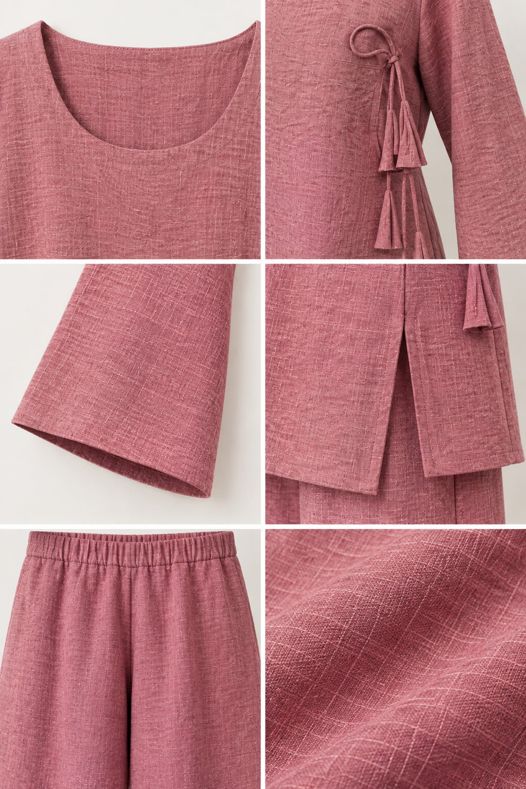 Close-up details of neckline, tassel side tie, sleeve hem, and textured fabric