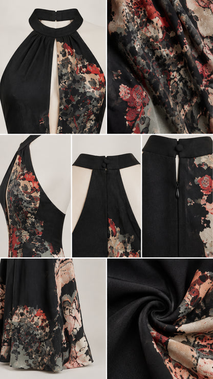Close-up details of halter neckline, keyhole cutout, fabric drape, and floral print