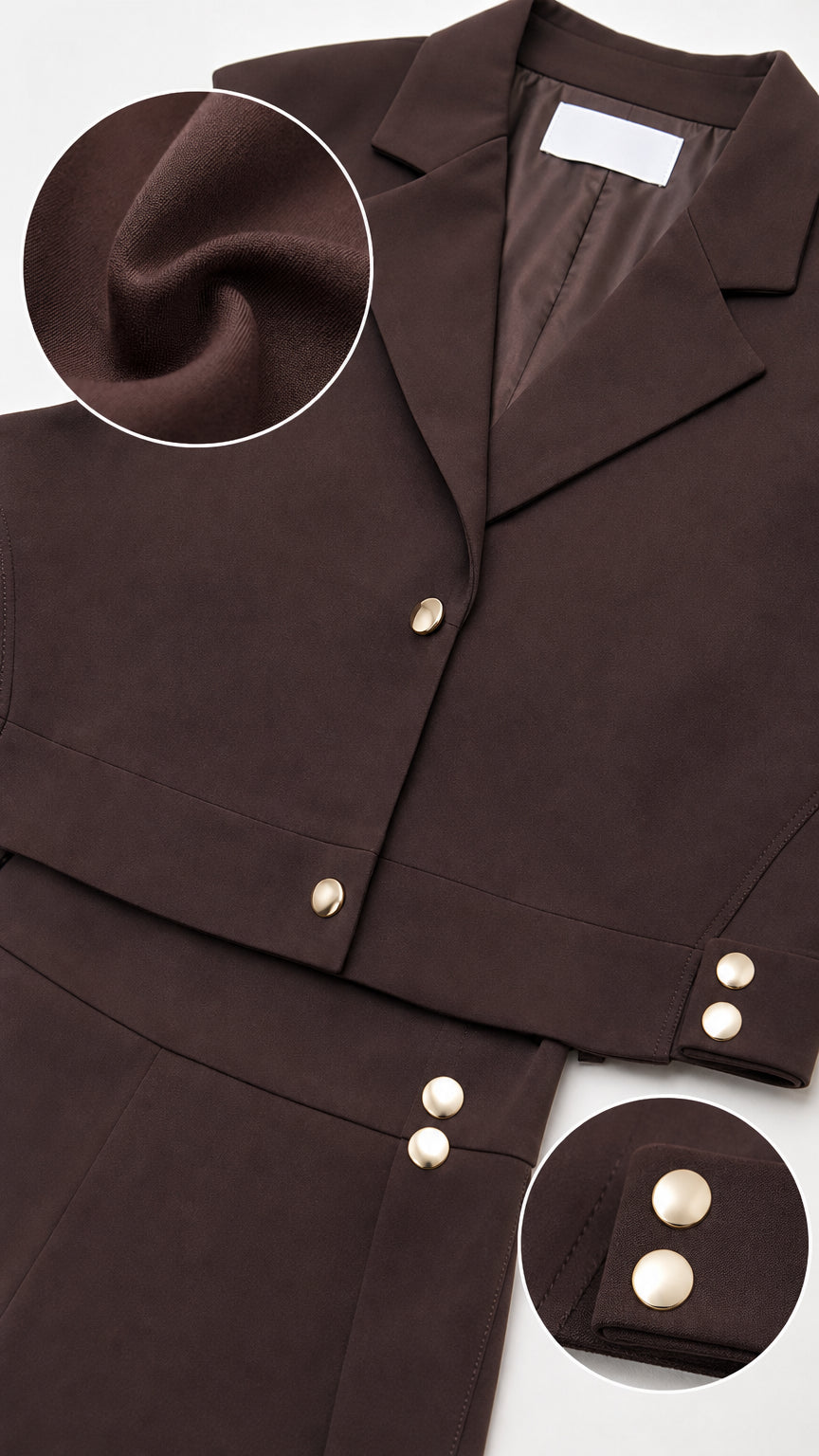 Close-up detail of brown fabric texture, notched lapel, and metallic button accents