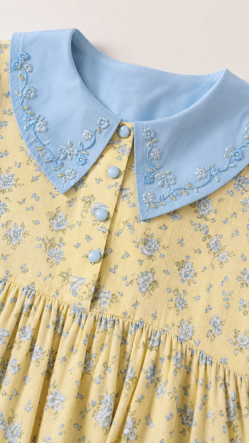 Close-up of contrast light blue embroidered Peter Pan collar with decorative buttons and yellow floral pattern
