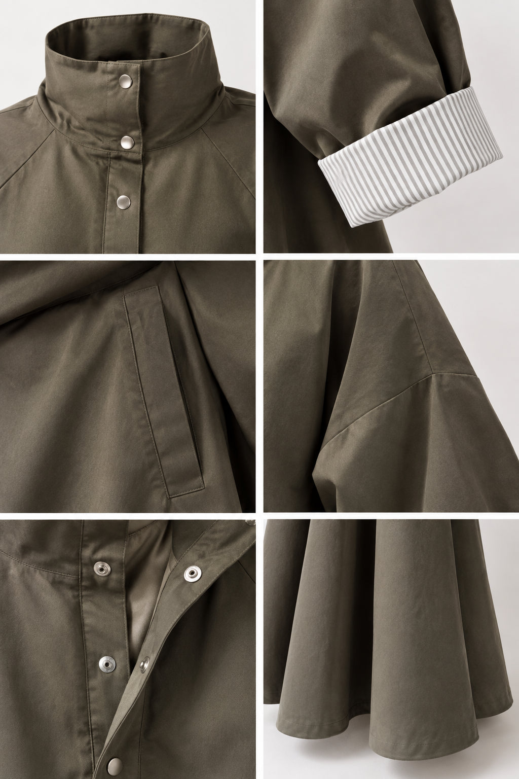 Detailed close-up collage of snap collar, striped cuff, pockets, and hem finish