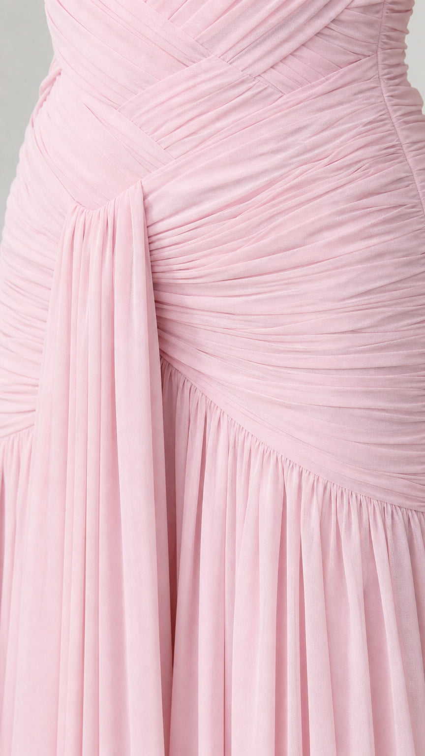 Close-up of Intricate Ruched Waist and Pleated Fabric Details in Blush Pink