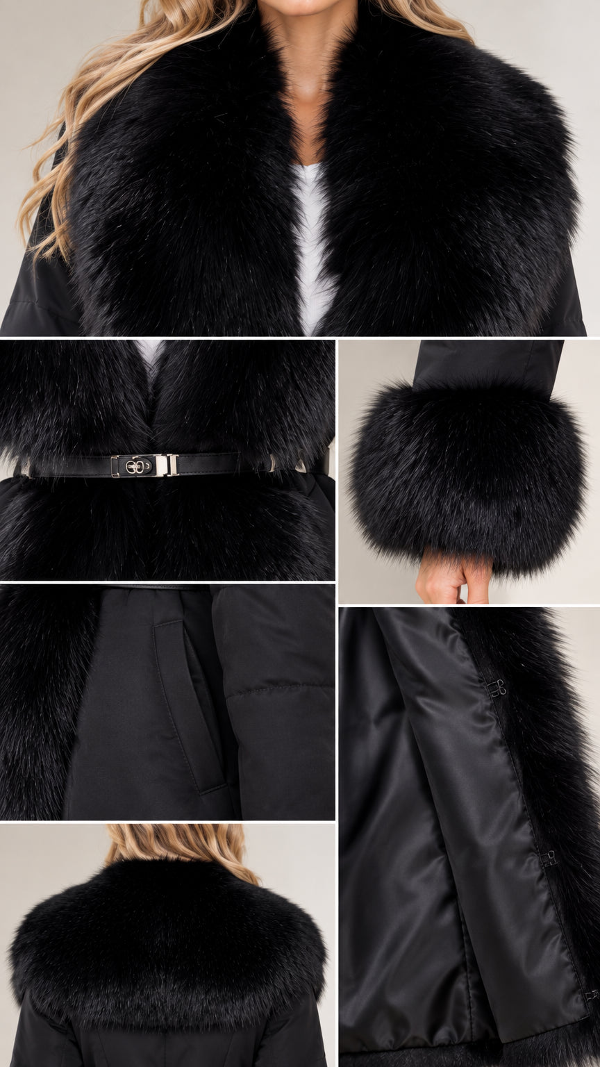Close-up details of faux fur collar, metal belt buckle, sleeve cuffs, and lining