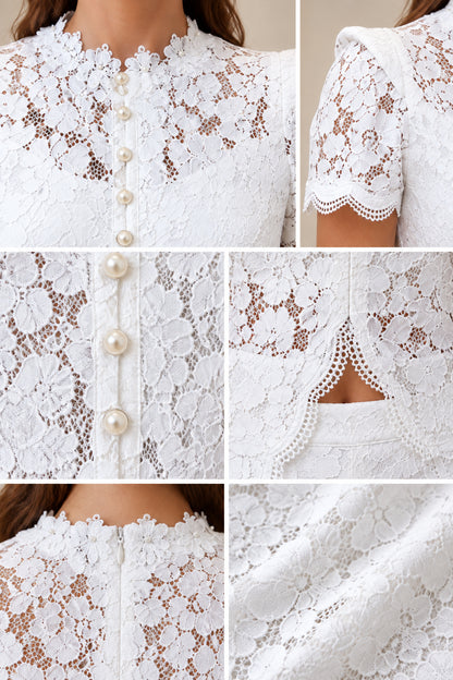 Close-up details of scalloped neckline, pearl buttons, and delicate floral lace texture