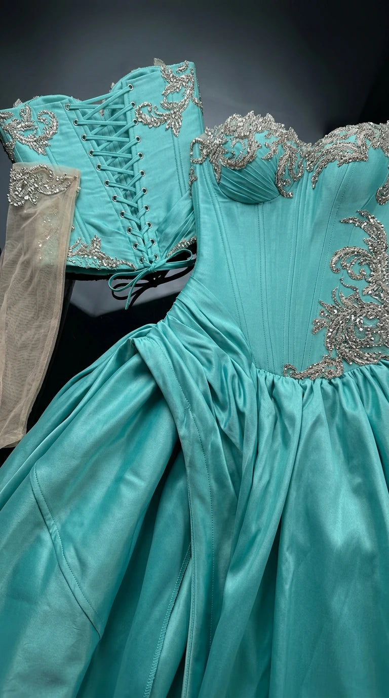 Flat lay detail of turquoise corset bodice, sheer embroidered arm cuffs, and lace-up back
