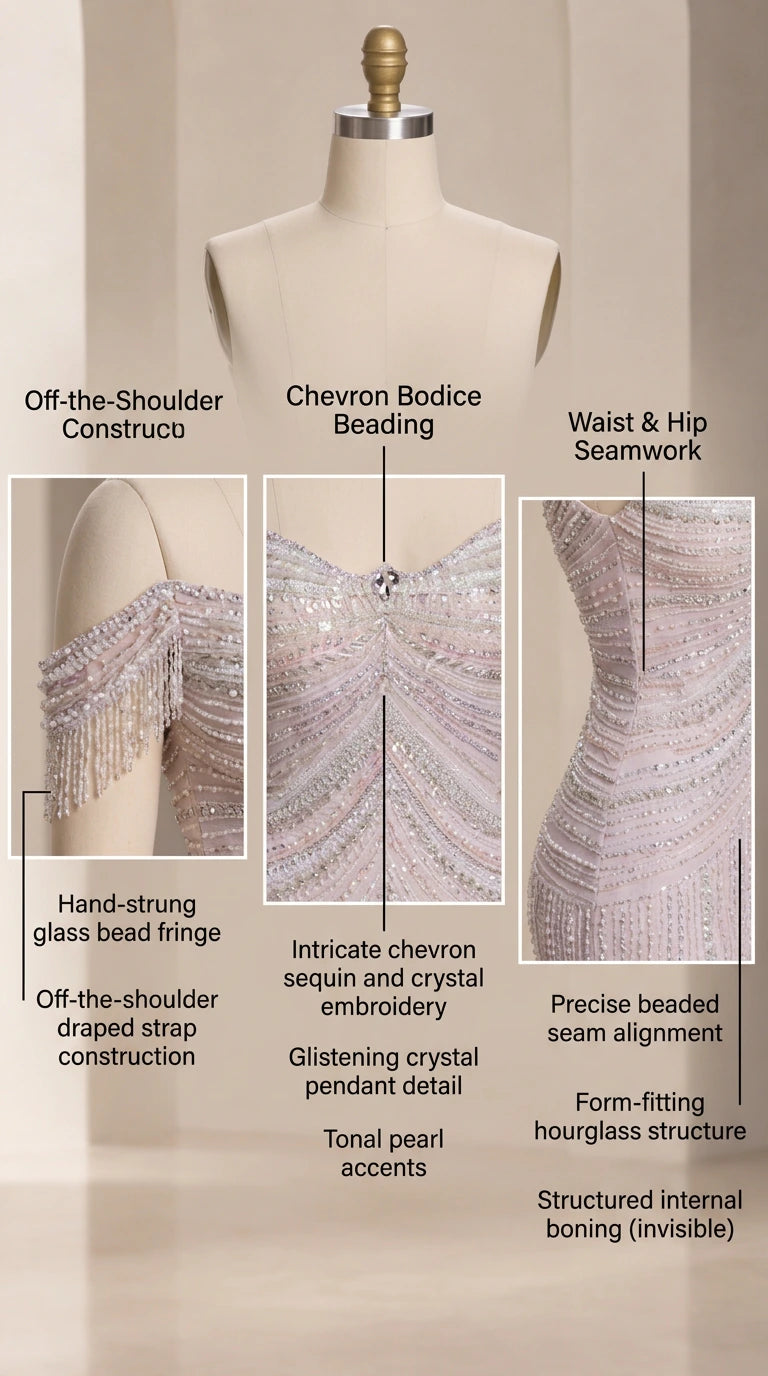 Detail breakdown of beaded fringe sleeves, chevron bodice, and hourglass seamwork