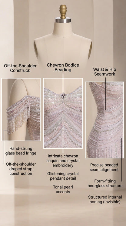 Detail breakdown of beaded fringe sleeves, chevron bodice, and hourglass seamwork