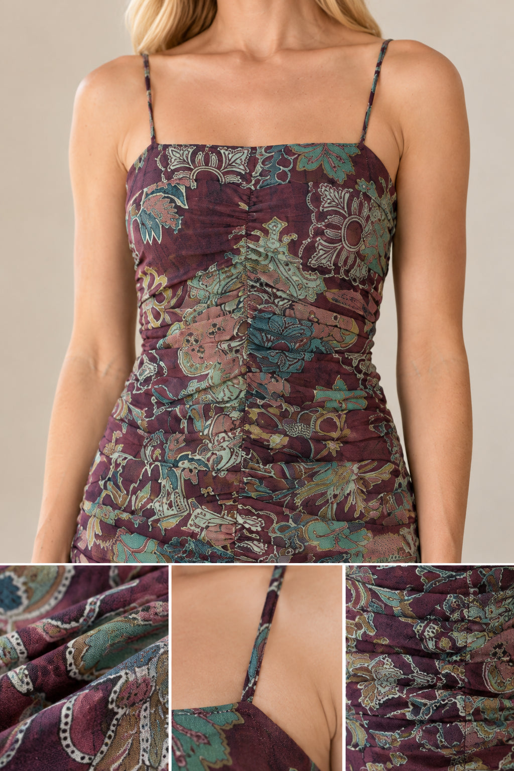 Close-up detail of ruching and delicate spaghetti straps on burgundy floral maxi dress