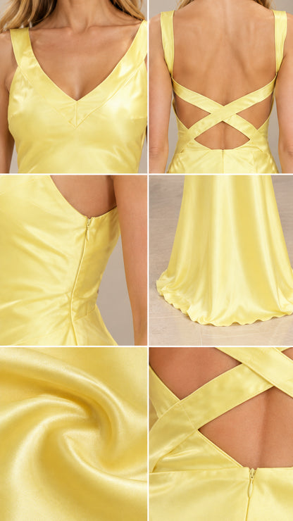 Close-up details of neckline, cross back, zipper, and lustrous satin texture