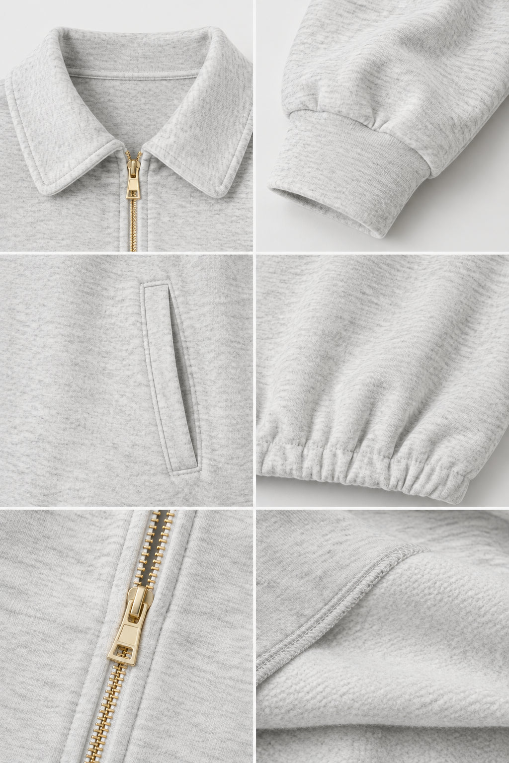Close-up details of collar, metallic zipper, cuff, pocket, and soft fabric texture