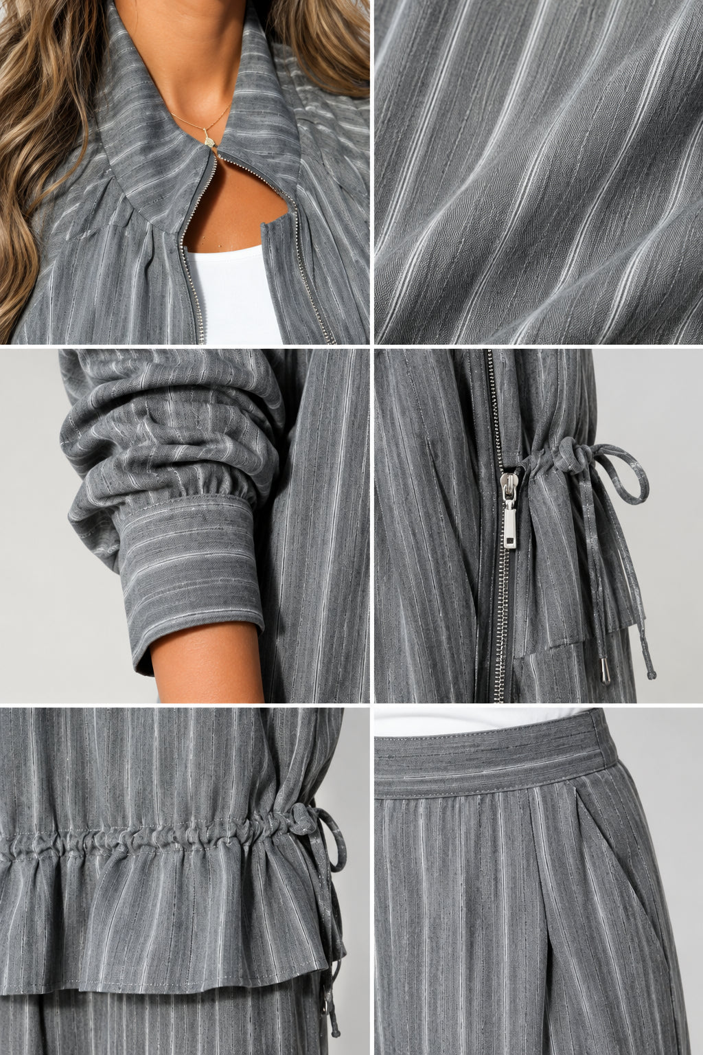 Close-up detail shots of zipper, cuff, fabric texture, and pocket on grey pinstripe set