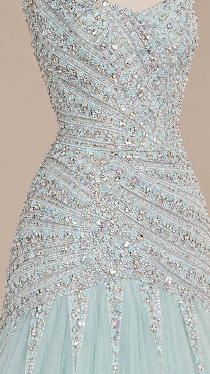 Close-up detail of intricate silver bead and sequin pattern on bodice